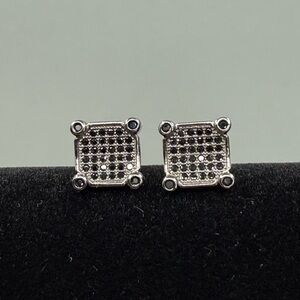 925 Sterling Silver Black Moissanite Screw Back Stud Earrings Square Halo Pair